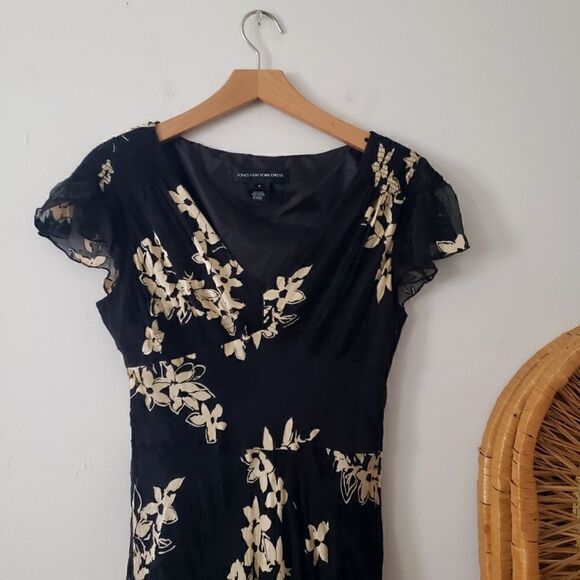 Vintage Dresses & Skirts - Vintage Jones New York Silk Blend Dress 8 Black Gold Floral